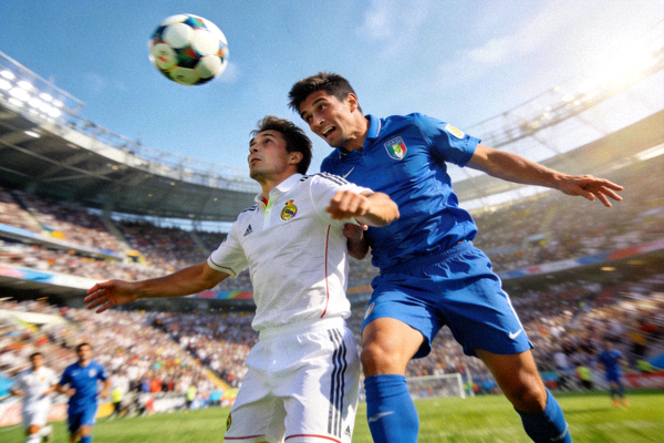 足球世界杯球员激烈拼抢：两名球员在争抢头球